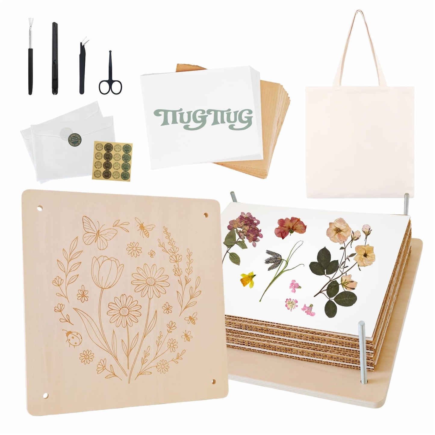 TTUGTTUG Flower Press Kit for Adults, 11" x 11" Large Wooden 10-Layer Press for DIY Floral Art, Wedding Flower Drying, Great Gift for DIY Flowers Lovers
