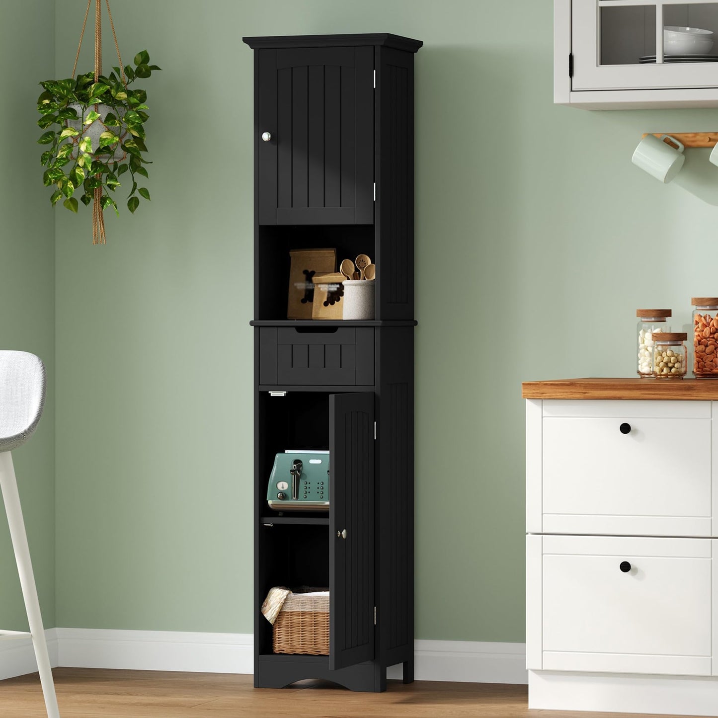 ChooChoo 67" Tall Bathroom Storage Cabinet, Narrow Bathroom Cabinet with 2 Doors and 1 Drawers, Freestanding Cupboard Floor Cabinet with Adjustable Shelves for Living Room, Kitchen, White