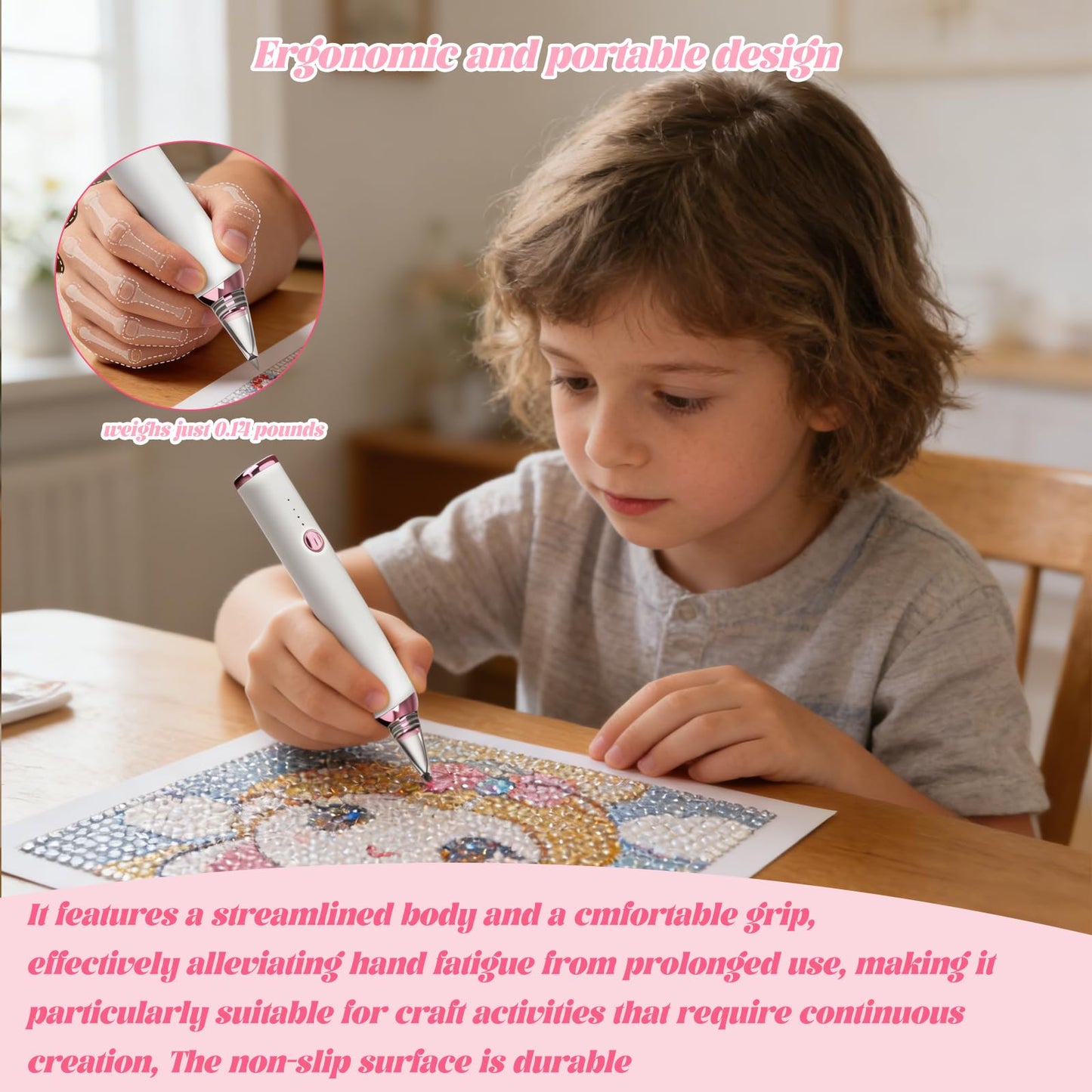 Electric Diamond Painting Pen, Cordless Vacuum Diamond Art Pen Low-Noise, Wax-Free, 3-Speed Adjustable, Rechargeable, Lightweight, Extra Tips - DIY Diamond Art Accessories Pens for Crafts Lovers