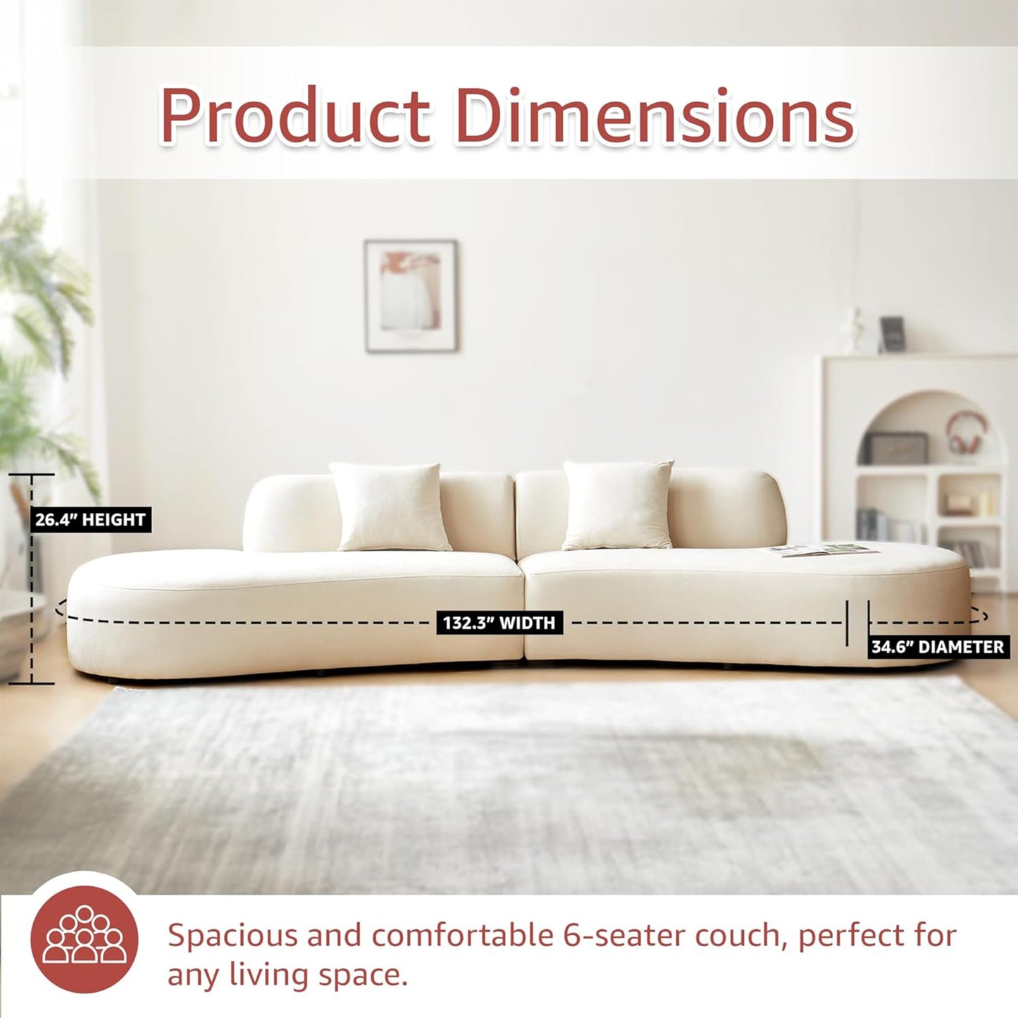 Container Furniture Direct 132" Curved Sofa with Throw Pillows, 6 Seater Luxury Velvet Couch with Half Moon Design and High-Density Foam, Ideal for Modern Living Room, Office & Apartment, Ivory