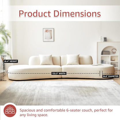 Container Furniture Direct 132" Curved Sofa with Throw Pillows, 6 Seater Luxury Velvet Couch with Half Moon Design and High-Density Foam, Ideal for Modern Living Room, Office & Apartment, Ivory