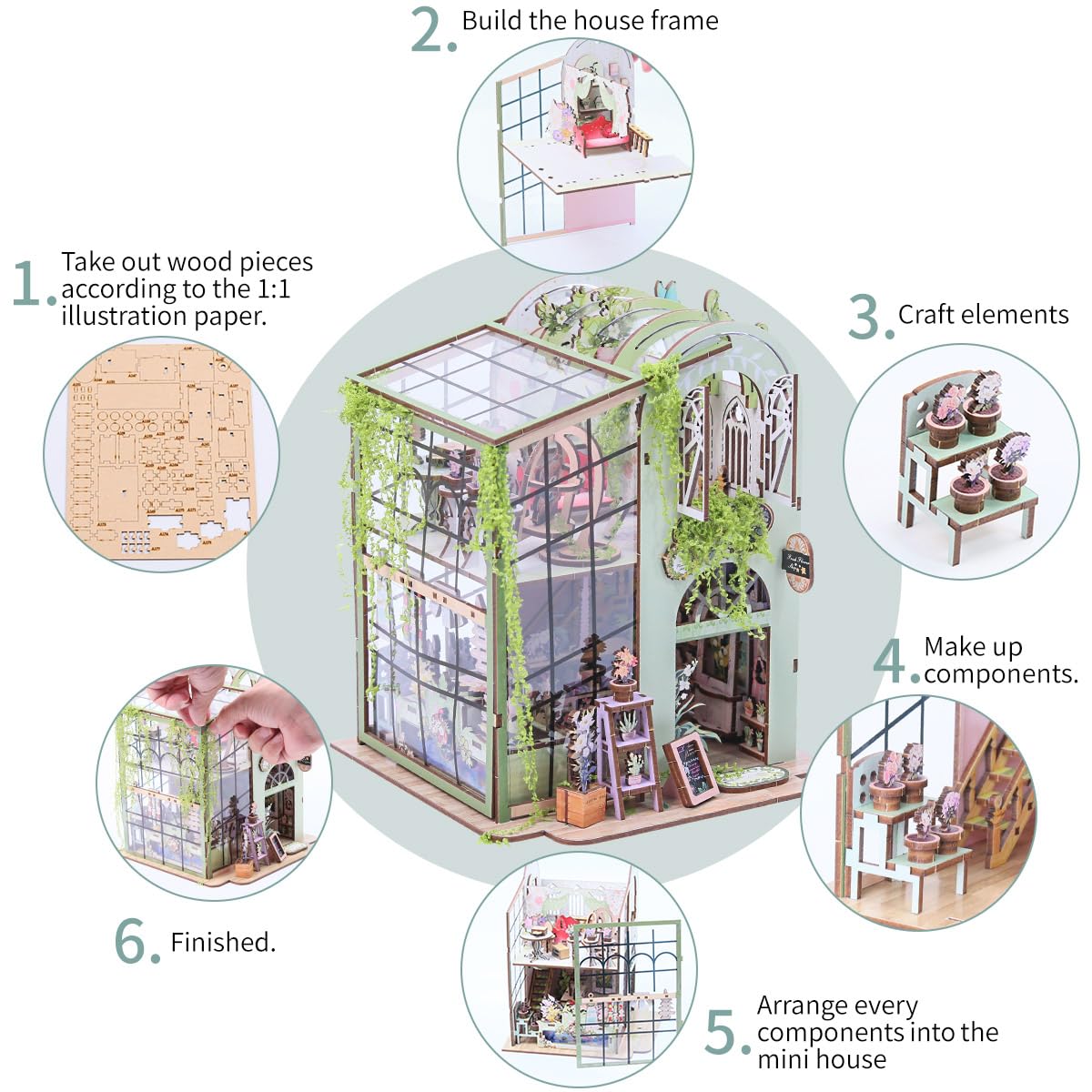 Miniature Flower House Kit, DIY Flower Dollhouse Booknook Making Set, 3D Wooden Puzzle Bookshelf Decor with Furniture for Adults & Teenagers