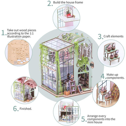 Miniature Flower House Kit, DIY Flower Dollhouse Booknook Making Set, 3D Wooden Puzzle Bookshelf Decor with Furniture for Adults & Teenagers