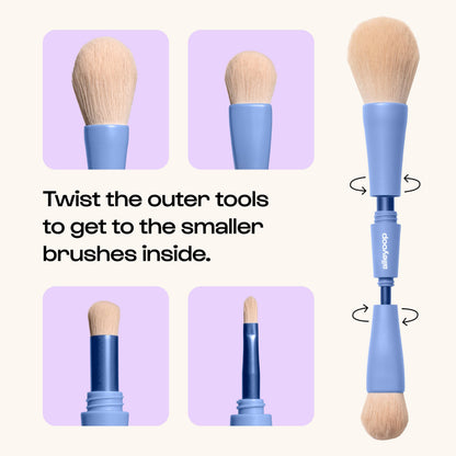 Alleyoop Multi-Tasker 4-in-1 Travel Makeup Brush Set – Compact Makeup Brushes with Blending Sponge, Eyeshadow, Eyebrow & Liner, Blush & Bronzer Brush – Mini Makeup Tools Kit for Women, Vegan