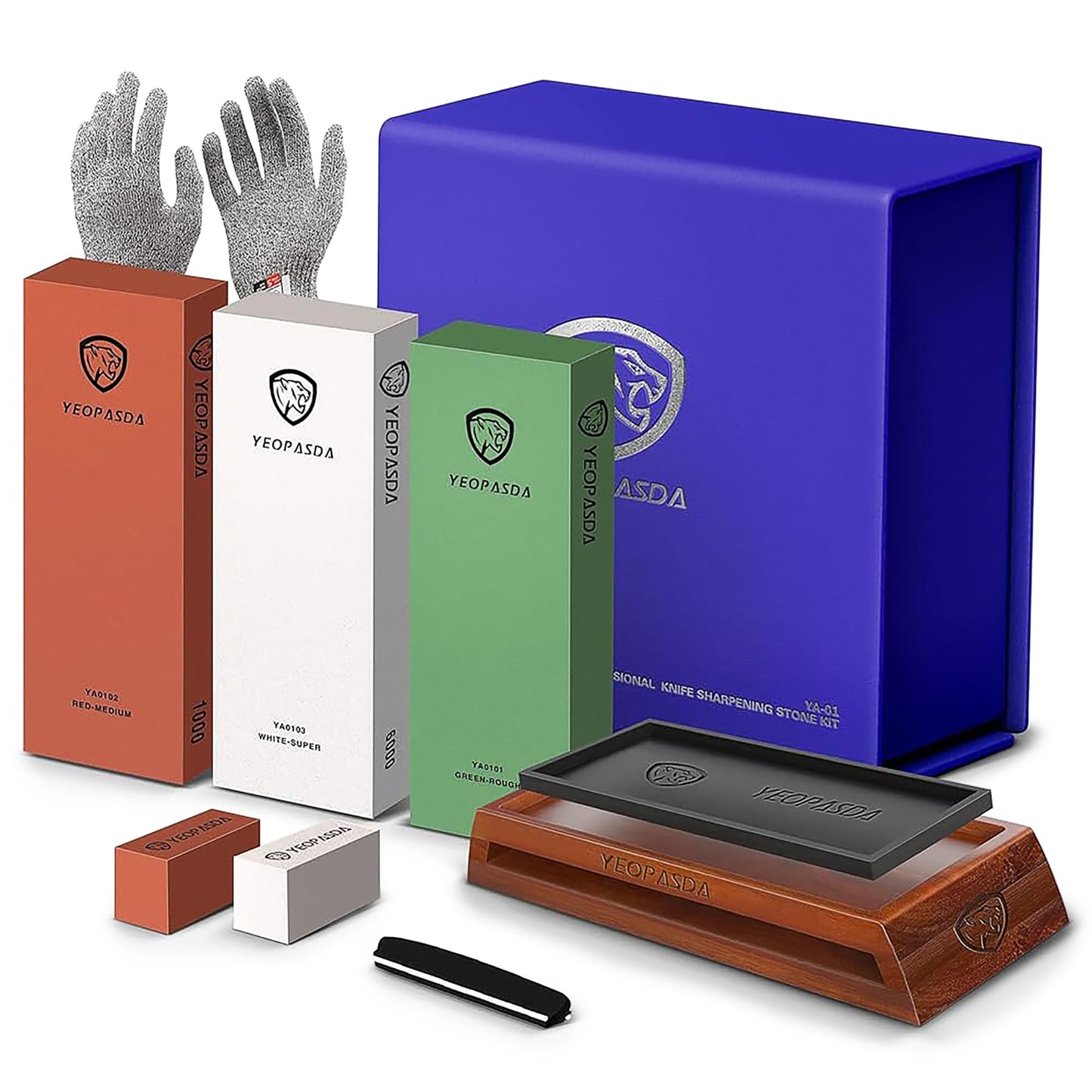 Extra Large Knife Sharpening Stone Kit - YeopAsda Thickered 3 Side Grit 400/1000/6000 Xl Wet Stone - Whetstone Knife Sharpener with Non-Slip Wood Base, Angle Guide, Cut Resistant Gloves