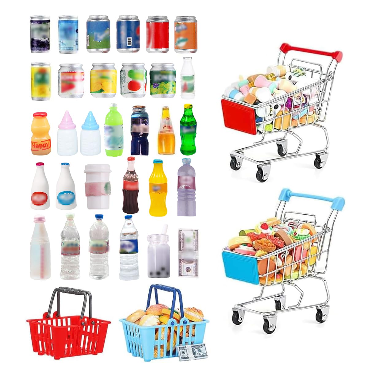 135Pcs Mini Shopping Cart Basket Miniature Food Drink Toy Supermarket Metal Handcart Dollar Bills Toys Dollhouse Store Grocery Accessories Kitchen Cosplay Play Game Party Model