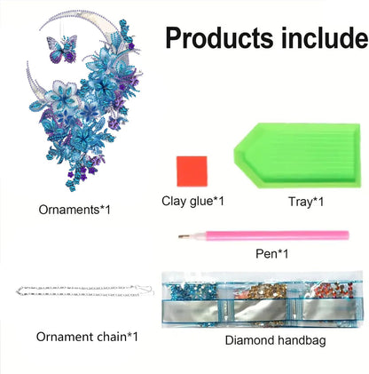 STGLCR Hanging Diamond Art Kits for Adults Pendant Moon, Special Shaped Crystal DIY Flower Diamond Painting Kit for Begginer, Acrylic Board Foral Moon Pendants for Home Decor 11.92 Inch Butterfly Blue