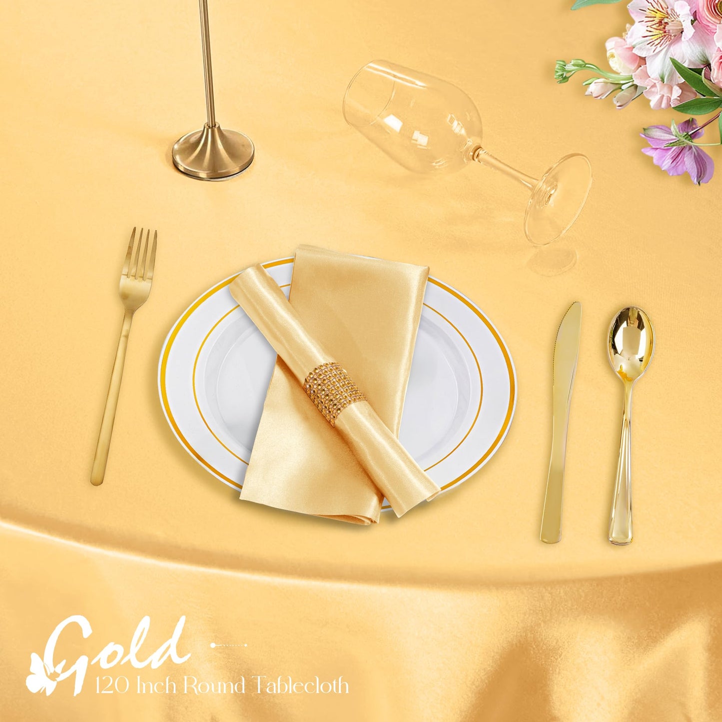 KKJIAF 4 Pack 120 Inch Round Tablecloth Satin Gold Round Table Cover, Silky Satin Dining Table Cloth for Wedding, Party, Banquet, Restaurant, Formal Events