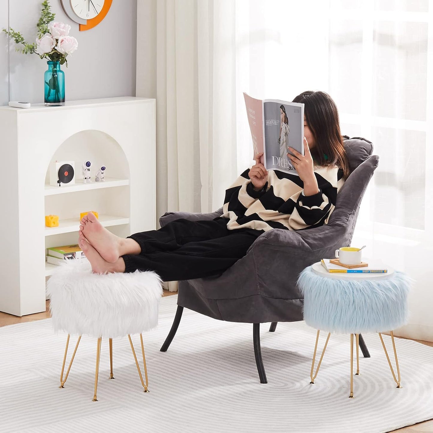4 Mxfurhawa Faux Fur Storage Ottoman Round Furry Vanity Stool Marble Grain Tray Coffee Table Compact Footrest