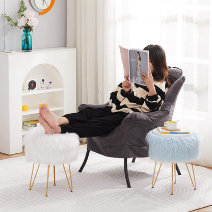 4 Mxfurhawa Faux Fur Storage Ottoman Round Furry Vanity Stool Marble Grain Tray Coffee Table Compact Footrest