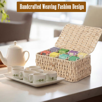 Sieral Tea Bag Organizer/Sugar Packet Holder with Lid 8 Compartment Paper Rope Woven Tea Storage Box for Chest Coffee Pill Condiment Organizer Wicker Divider Container for Countertop Drawer Shelf