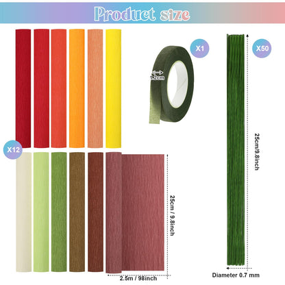 Leinuosen 115 Pcs Crepe Paper Flower DIY Kits 12 Rolls 10 x 98 Inch Crepe Paper Rolls Sheets 100 Floral Iron Wire 1 Wire Cutter 2 Tapes for Birthday Party Wedding Wreath Flower Making(Autumn Colors)