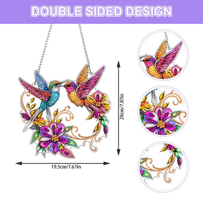 Lxmsja DIY Colorful Hummingbirds Diamond Painting Hanging Ornament, Double-Sided Acrylic Bright Flowers Diamond Art Kit, Special Shaped Suncatcher Hanging Pendant Window Art Kit 8x8 inch