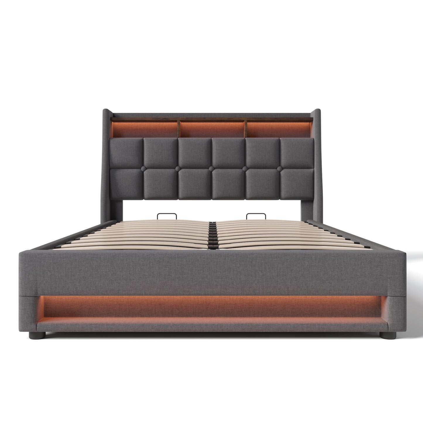 DNYN Full Size Upholstered Lift Up Storage Bed with Stylish Headboard & Linen Fabric & USB Ports Design,Solid Wood Platform Bedframe w/Hydraulic System,No Box Spring Need & Super Save Space, Gray