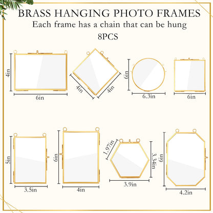 Barydat 8 Set Double Glass Pressed Flower Frames Gifts Wall Hanging Photo Picture Frame with Bag Dried Flowers Chains Gift for Artwork Frame Home Decor Plant Photo Display, 8 Shapes(Gold)