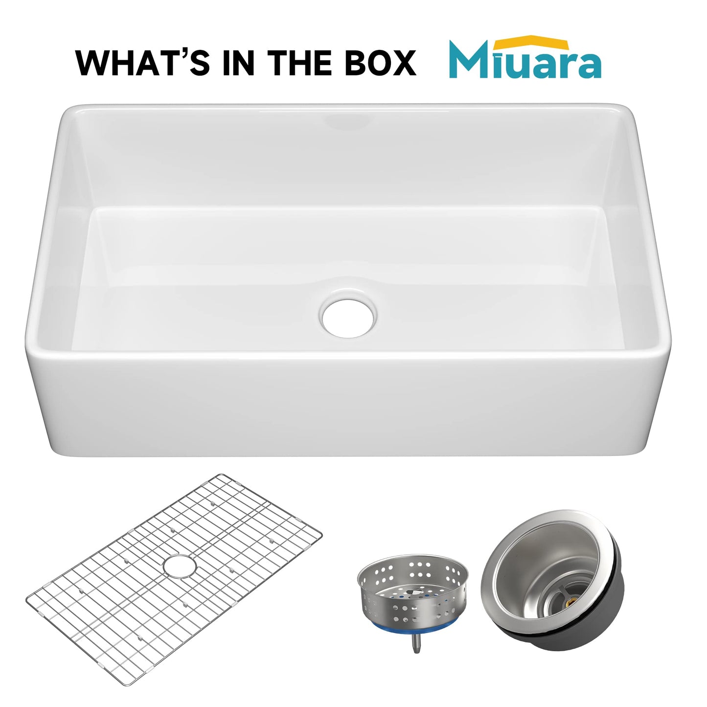 Miuara Farmhouse Sink 36 Inch - Extra Large Apron Front Kitchen Sink Reversible 36"x20"x10", Undermount, Farm House Style Deep Single Bowl, Heavy Duty Solid Fireclay, Glossy White, for Kitchen