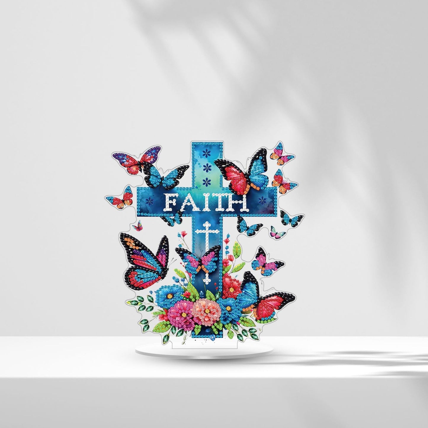Bloomthread Faith Cross Religious Easter Day Diamond Art Painting Kit, Speical Shaped Rhinestone Desktop Ornament Single Sided, Diamond Painting Stand for Adult Beginner (Blue Cross and Butterfly)