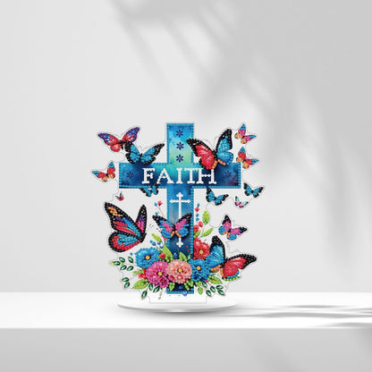 Bloomthread Faith Cross Religious Easter Day Diamond Art Painting Kit, Speical Shaped Rhinestone Desktop Ornament Single Sided, Diamond Painting Stand for Adult Beginner (Blue Cross and Butterfly)