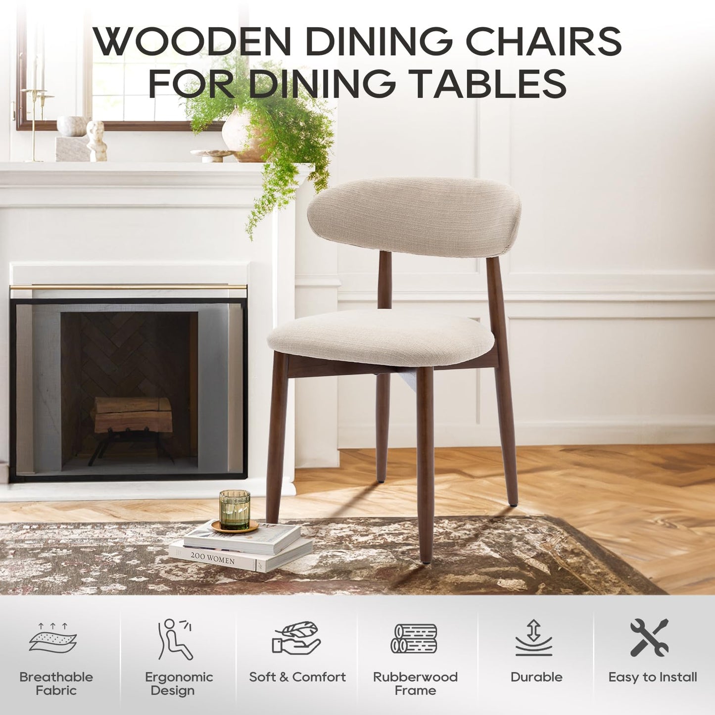 COLAMY Wooden Dining Chairs Set of 4, Modern Fabric Upholstered Kitchen Side Chairs, Farmhouse Dining Room Chair with Foot Pegs, Beige