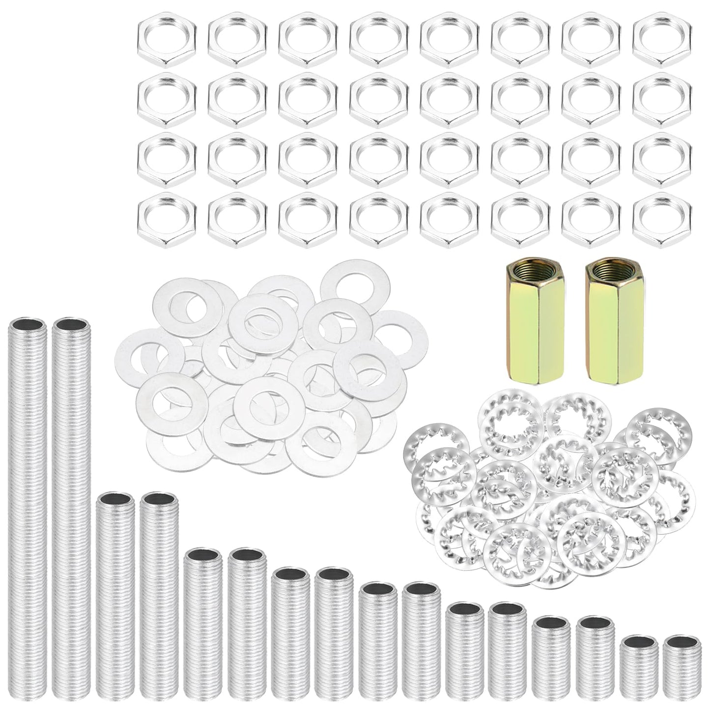 MECCANIXITY 114 Pcs 8 Size Lamp Pipe Nipples Kit with Hex Nuts Washers, M10 Fine Threaded Hollow Tube Repair Hardware Fasteners Assortment for Assembly Chandelier Ceiling Lamp DIY, Silver