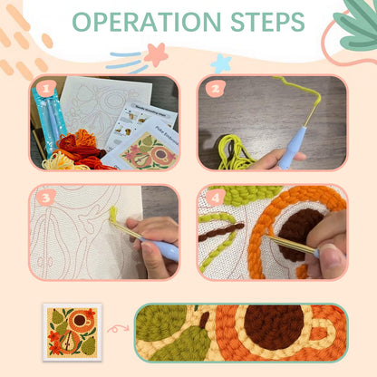 SDOYUNO Punch Needle Kit with Frame for Adults Beginners Kits 9.84 x 9.84 Inch Embroidery Starter Kits Punch Needle Kit with Flowers Pattern, Threader, Yarns, Rug Punch, DIY Craft Kits (Orange)