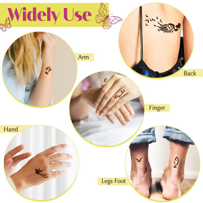 MuseLuxe 126 PCS Temporary Tattoos Stencils Kit,Temporary Tattoos Kit - 6 Pcs 2 Color(Brown Black) Ink with Gloves,DIY Body Art Painting for Women Men Adults Kids