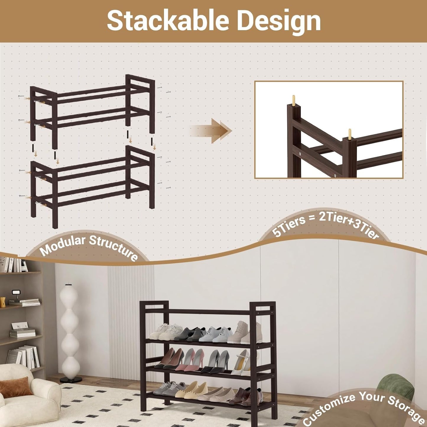 Closet, 4-Tier) Haddockway Bamboo Shoe Rack for Free Standing Shoe Organizer with Smooth Round Rods & Convenient