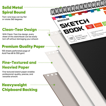 Soucolor 9" x 12" Sketch Book, 100 Sheets Top Spiral Bound Sketchbook with Acid-Free 68lb/100gsm Thick Drawing Paper, Art Sketch Pad for Kids, Adults & Artist, Professional Art Supplies for Beginners