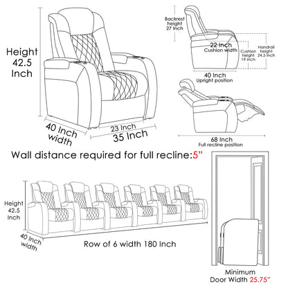 Weilianda Home Theater Seating Top Grain Leather Recliner Chair Power Headrest and Recline Movie Seats Gaming Sofa with Tray Table Type-C USB Charge Cup Holders Row of 6 Black