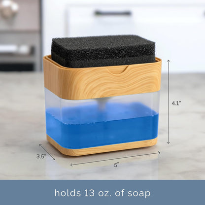 S&T INC. Dish Soap Dispenser - Waterproof Labels & Sponge Included | 13 Oz Plastic & Bamboo