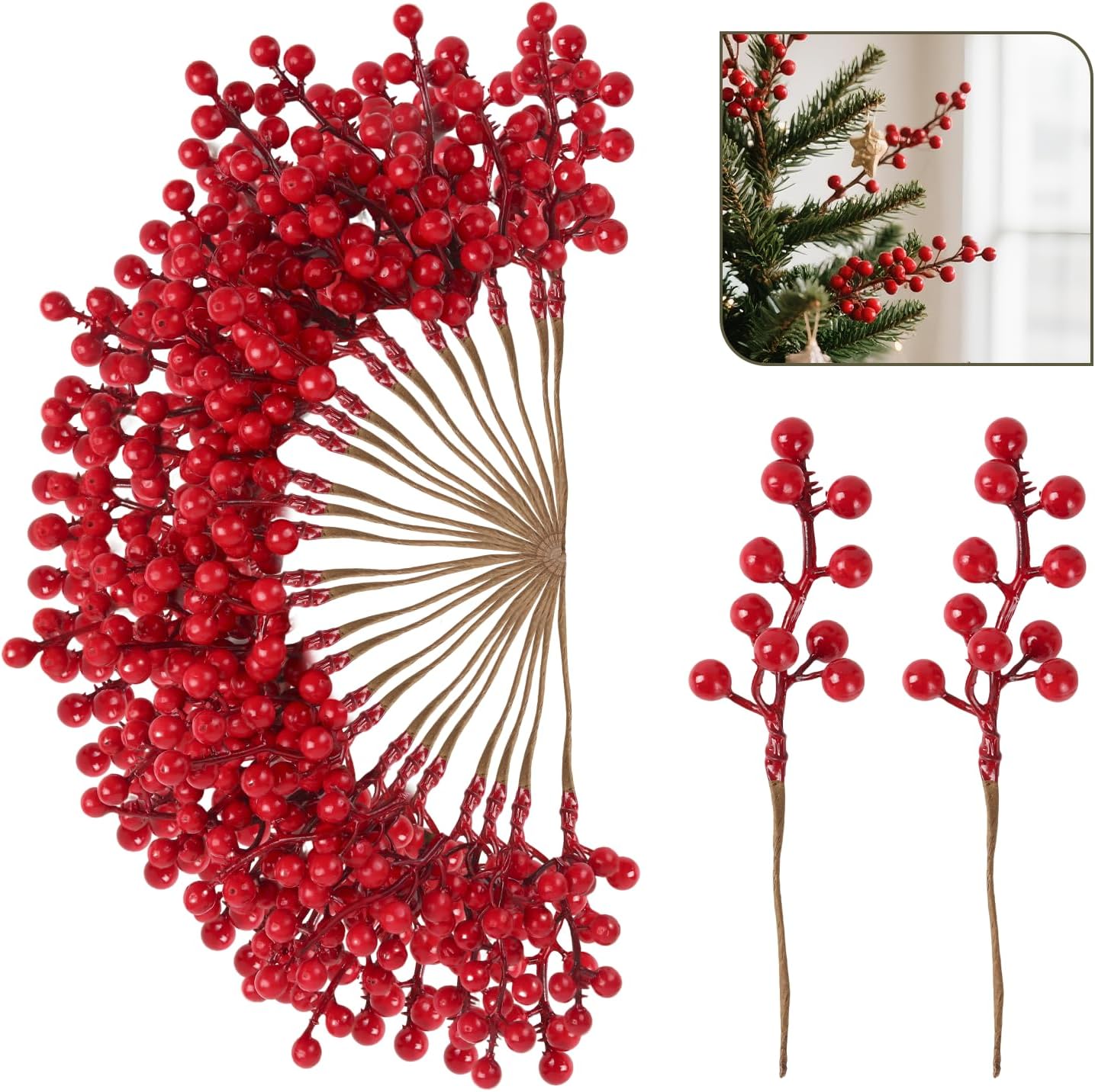 50pack NBGV Christmas Tree Decorations Artificial Berry Stems Red Berry Picks for Xmas Winter Party Holiday Flower