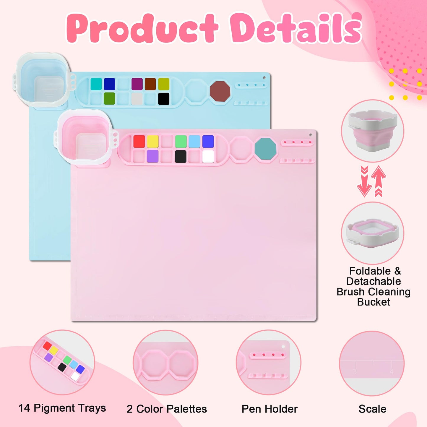 MEKOTRIN 2PCS Silicone Painting Mat, 20"X16" Art Mat with Cup and Palettes, Silicone Craft Mat has 16 Color Dividers, Paint Mat for Artist Clay DIY Creations(Pink+Blue)