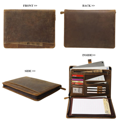 Ringsun Leather Portfolio Organizer with Zipper for Men Women, Leather Padfolio Business Resume Legal Pad Portfolio Notebook Binder for A4/Pad, Brown