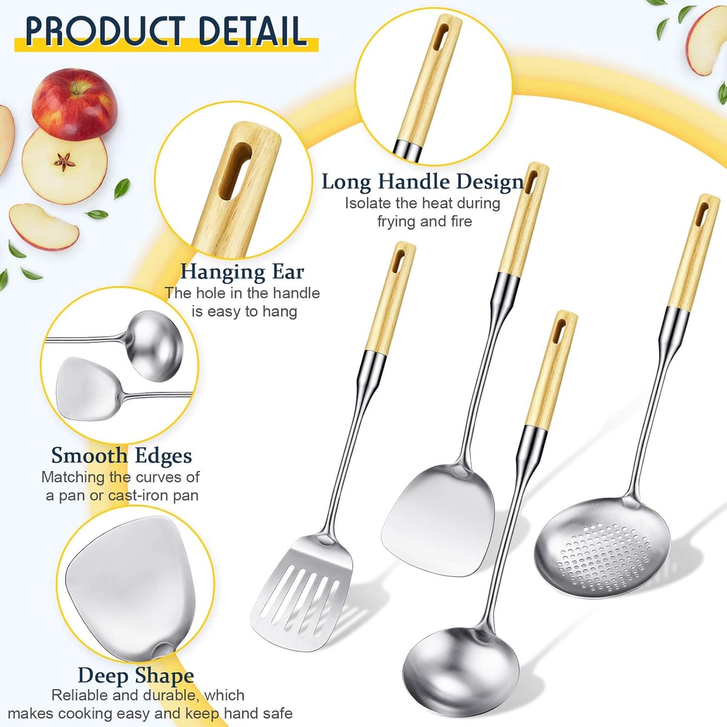 Stainless Steel Kitchen Cooking Utensils Set, Specialty Chinese Wok Utensils with Skimmer, Slotted Spoon, Spatula Turner