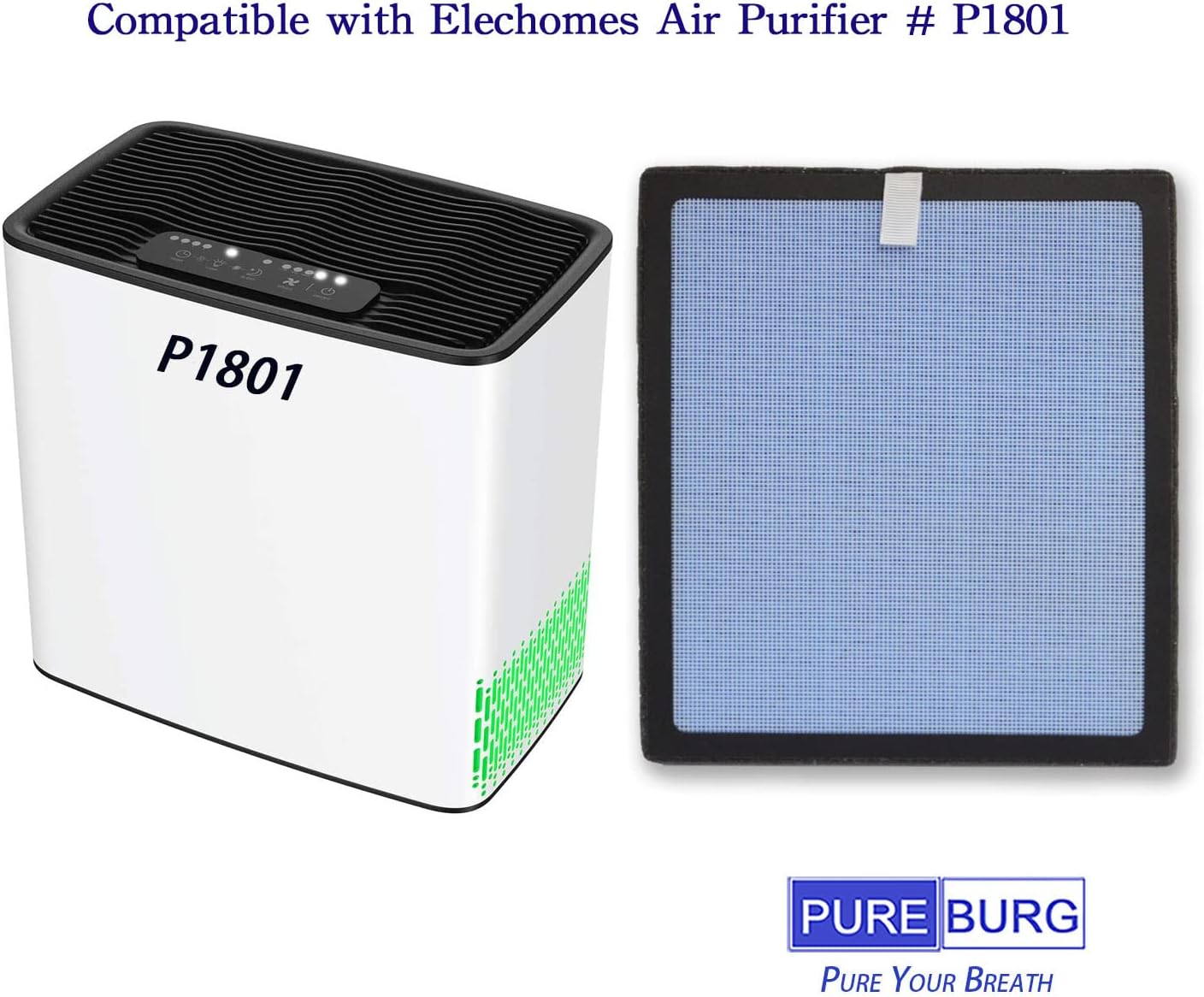 PUREBURG P1802 True HEPA Replacement Filters, Compatible with YIOU R1 P1802 and Elechomes P1801 Air Purifiers, 2-Pack