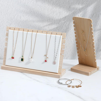 Oqqlin 3 Pcs Necklace Display Stands for Selling, Bamboo Necklace Holder with PU Leather Panel Beige Multi-Tiered Jewelry Display Storage Set for Vendors and Home (11.8x7.9x3.3 Inch/10.6x3.9x3.7 Inch)