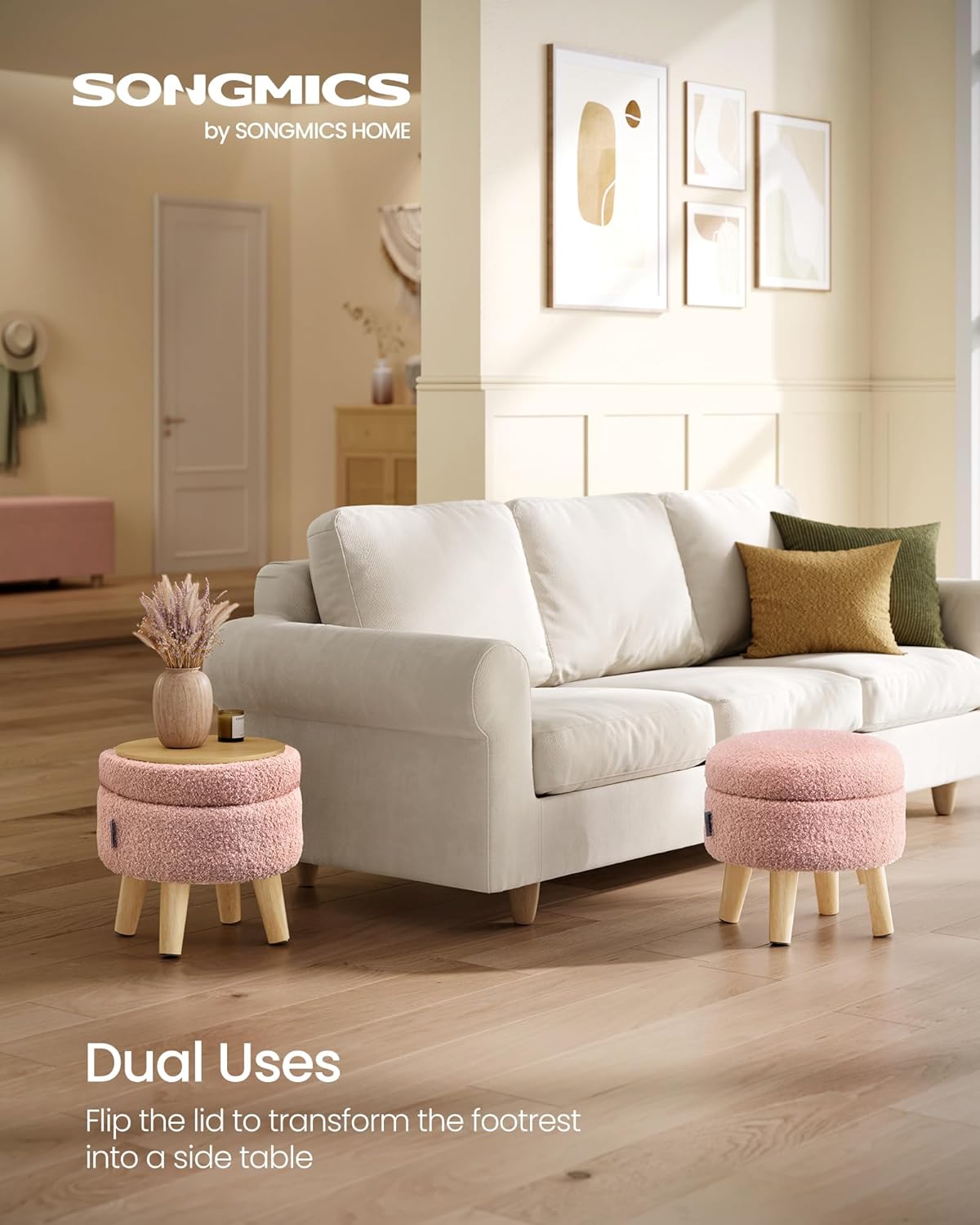 12.2 Inches, ULOM515SA01 SONGMICS Storage Ottoman, Foot Stool, Round Ottoman with Padded Seat, Foot Rest with Wood