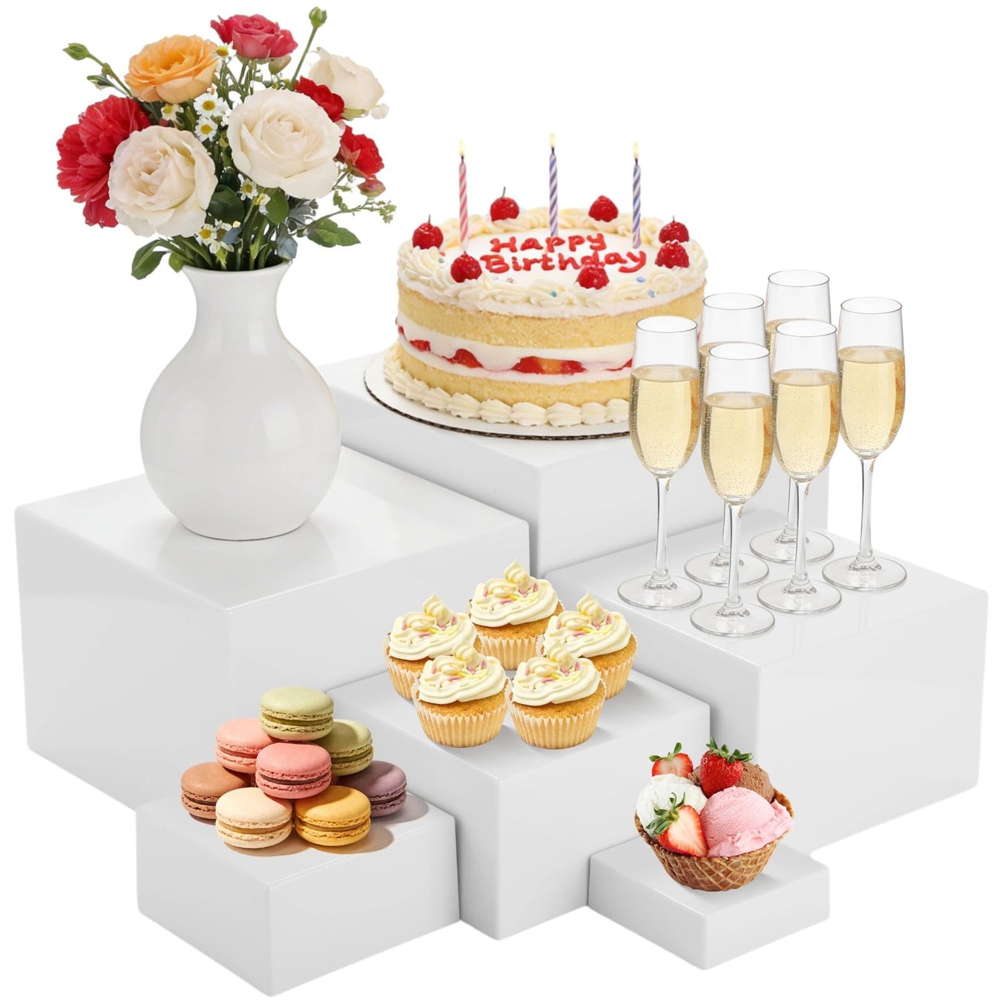 6 Pcs Buffet Display Risers, 3 to 8 Inch White Acrylic Showcase Boxes Set, Versatile Food & Dessert Display Stands with Hollow Bottoms, Ideal for Weddings, Parties, Jewelry & Retail Presentation