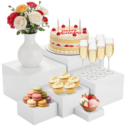 6 Pcs Buffet Display Risers, 3 to 8 Inch White Acrylic Showcase Boxes Set, Versatile Food & Dessert Display Stands with Hollow Bottoms, Ideal for Weddings, Parties, Jewelry & Retail Presentation