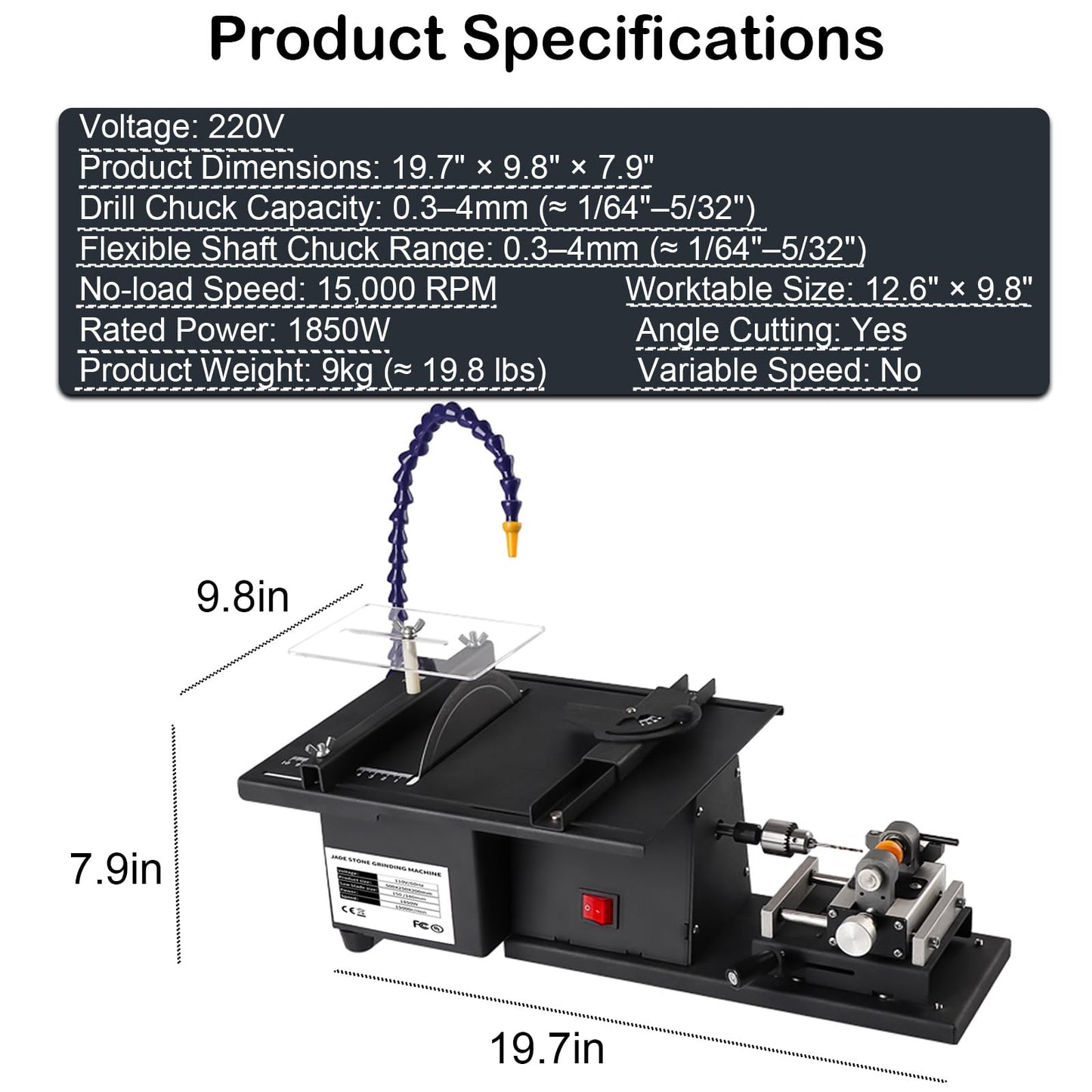 Lapidary Equipment 1850W with 180mm Diamond Blade, Rock Polisher, Jewelry Rock Saw, Rock Cutter for DIY Lapidary Grinding Engraving Polishing Drilling