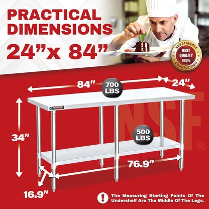 DuraSteel 24x84 Stainless Steel Work Table - NSF Commercial Prep Metal Table - Outdoor Pizza Oven Stand w/Under Shelf - Kitchen Island Laundry Utility Garage Microwave Stand Large Rolling Storage Cart