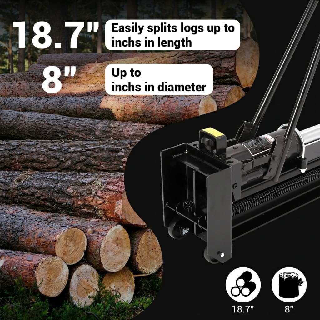 FinerFurnis 12 Ton Hydraulic Manual Log Splitter - Heavy Duty Full Steel Construction - 2-Speed Hand Operation, Spring-Loaded Return, Built-in Wheels, Splits Logs Up to 18.7" - Portable Firewood