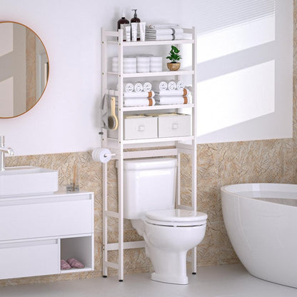 Cozivolife Over The Toilet Storage: 4-Tier Bamboo Organizer Rack with 2 Baskets & Paper Holder & 4 Hooks & Waterproof Feet Pad, Adjustable Freestanding Shelf for Bathroom (White)