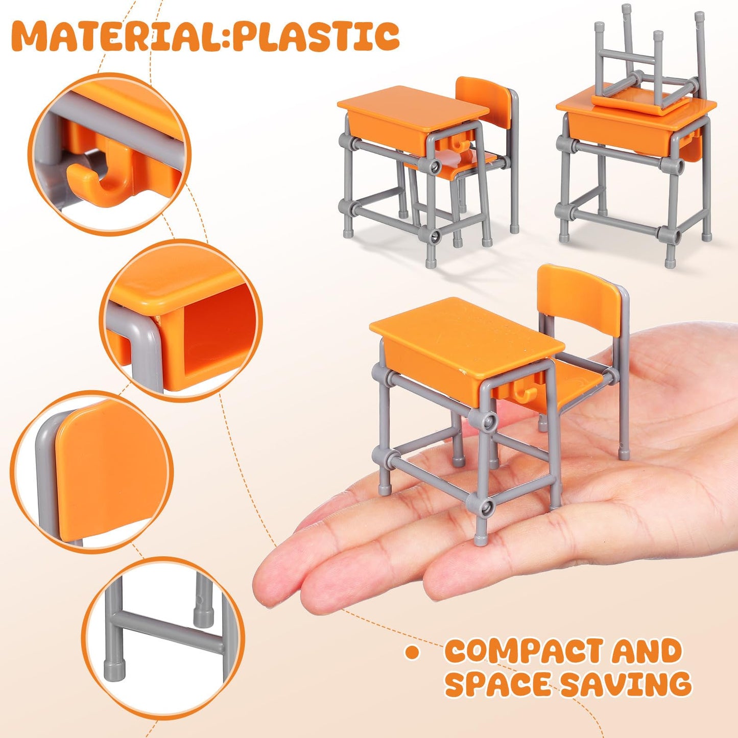 Toddmomy Miniature Plastic Classroom Desk and Chair 4-Set, Realistic Dollhouse School Furniture Accessories for Diorama Decor