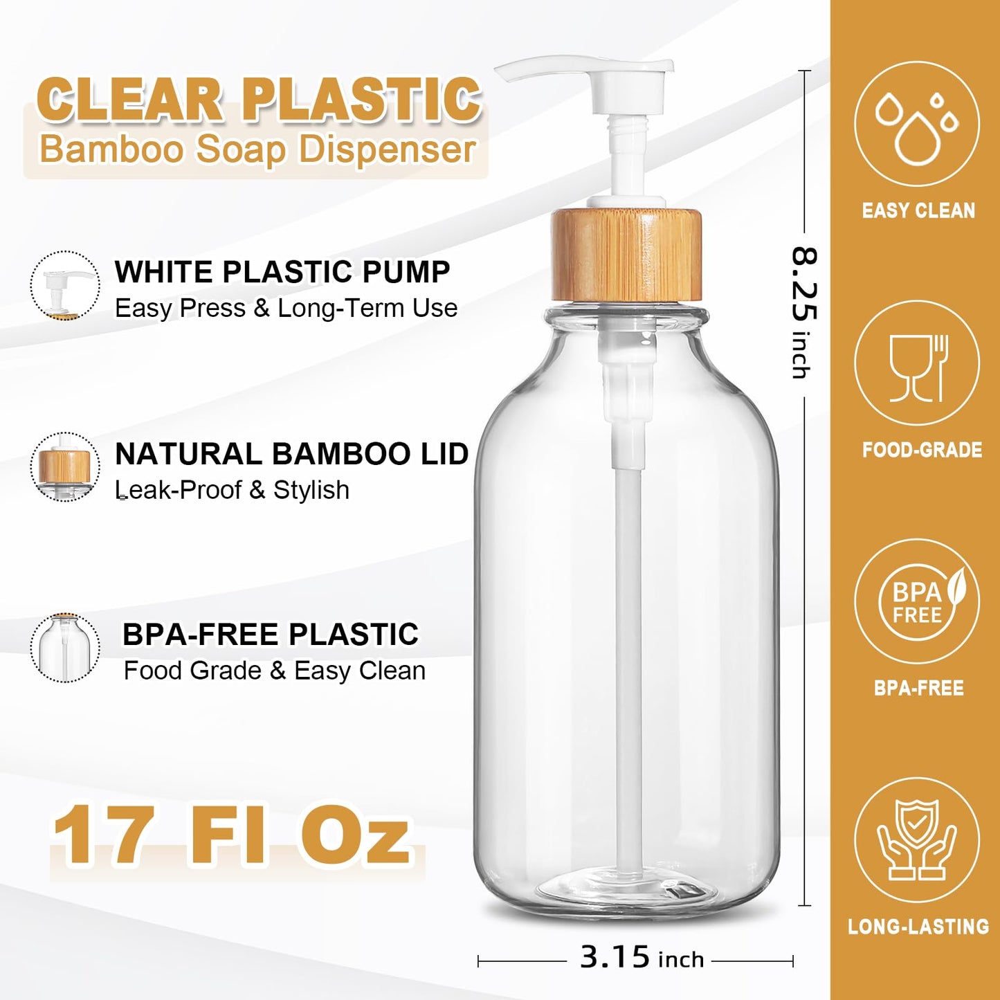 KASUNTING Clear Soap Dispenser, 2 Pack Plastic Dish Soap Dispenser for Kitchen, 17 Fl Oz Bathroom Hand Soap and Lotion Dispensers Set with Bamboo Pump, Refillable Liquid Soap Bottles