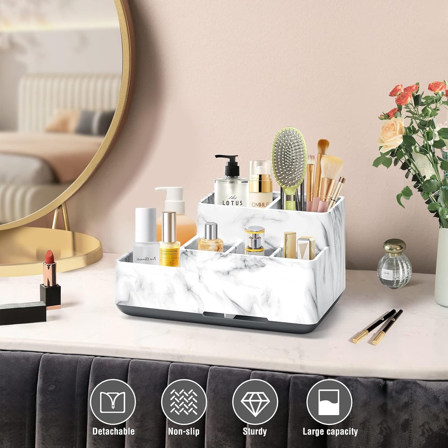Electric Toothbrush Holder for Bathroom, White Marble Pattern Vanity Organizer Tray, Kids Desk Storage Compartment