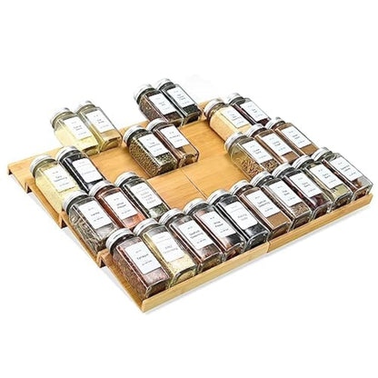 Spice Drawer Organizer with 24 Spice Jars and 216 Labels,Non-slip Rubber, Bamboo 4 Tier Spice Racks Tray Seasoning Containers for Kitchen Drawers,Cabinets,Countertops,13" Wide * 15.8" Deep