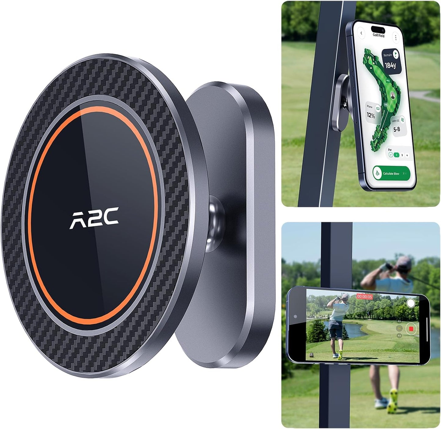 A2C Alloy Magnetic Golf Cart Phone Holder Compatible with MagSafe iPhone 16 Pro Max Plus 15 14 13 12 Mini Fits EZGO, Club Car, Yamaha, Icon, Golf Cart Accessories Essentials Gift for Friend Men Women