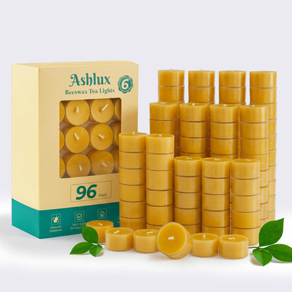 Ashlux 96 Pack Beeswax Tea Lights, 6-Hour Long Burning Tealight Candles in Clear Cup, Tea Candles Pefect for Air Purification Meditation Dinner Home Decor