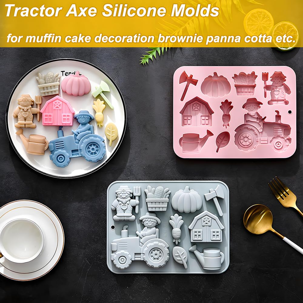 2 Pack Silicone Chocolate Molds with Farm Theme Pumpkin Tractor Axe Watering Pot House Handmade Soap Mold 9 Cavity Gummy Ice Cube Crayon Pastry Baking Tools for Cookie Chocolate Cake Décor
